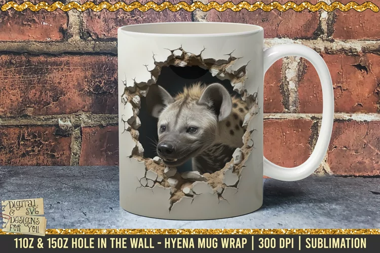3D Hyena Hole In A Wall Mug Wrap, 11oz, 15oz Template 300dpi