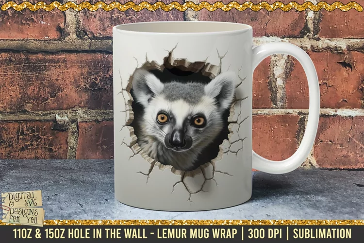 3D Lemur Hole In A Wall Mug Wrap, 11oz, 15oz Template 300dpi