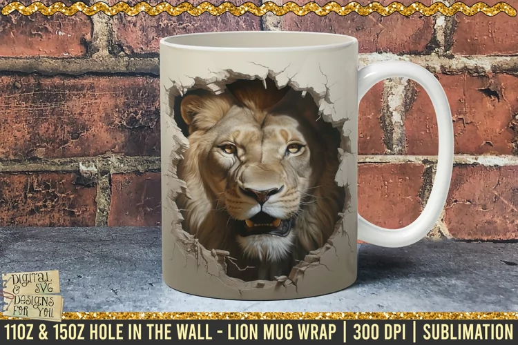 3D Lion Hole In A Wall Mug Wrap, 11oz, 15oz Template 300dpi