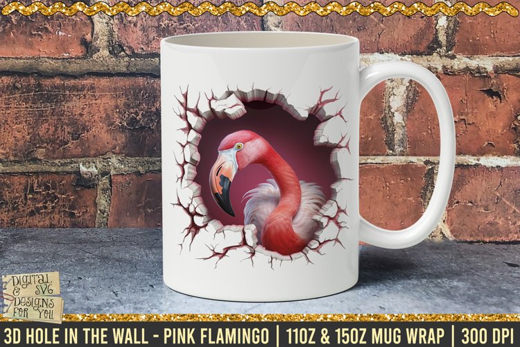 3D Pink Flamingo Hole In Wall Mug Wrap, 11 - 15oz Template example image 1