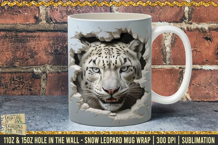 3D Snow leopard Hole In A Wall Mug Wrap, 11oz 15oz Template