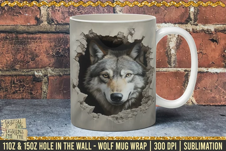 3D Wolf Hole In A Wall Mug Wrap, 11oz, 15oz Template 300dpi