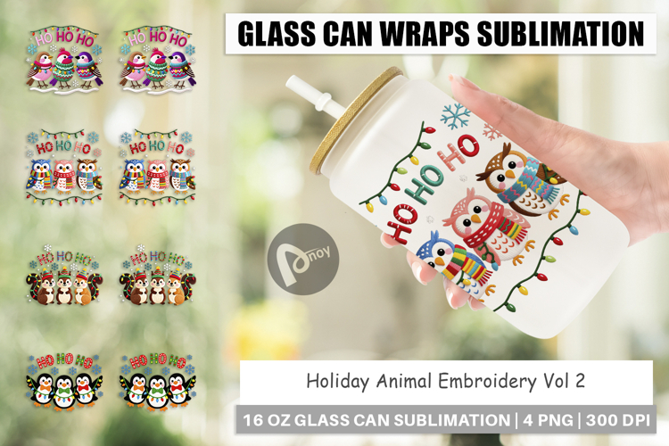 Holiday Animal Embroidery Glass Can