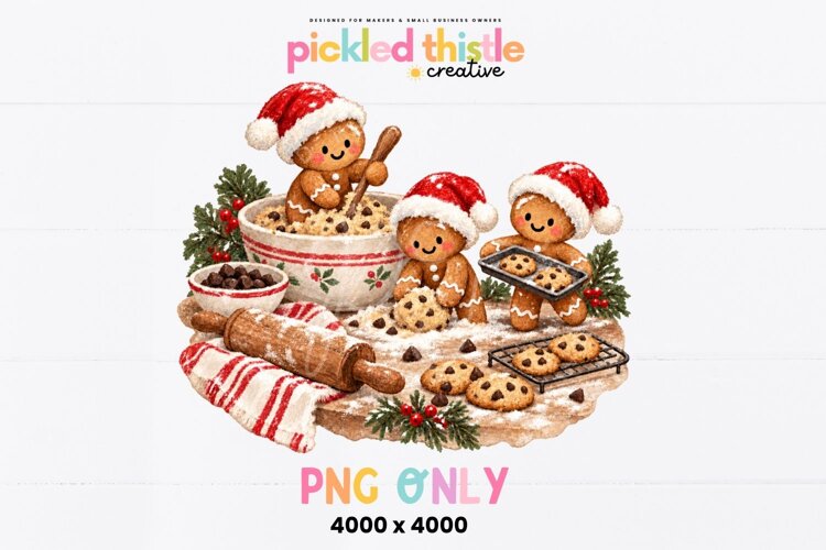 Christmas baking PNG featuring gingerbread bakers with a large mixing bowl, fresh cookies, baking trays, rolling pin and evergreen accents in muted red, brown and green.
