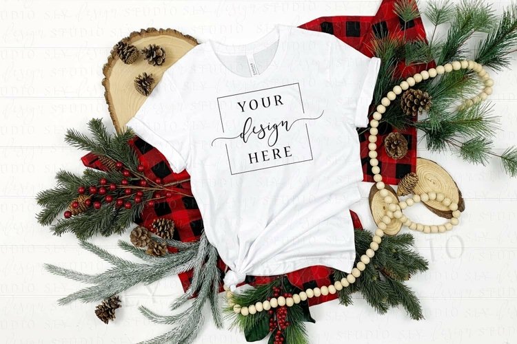 Christmas Shirt Mockup - White Bella Canvas 3001 Shirt Pine