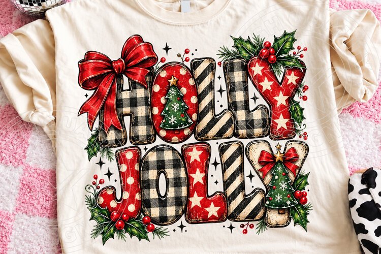 Holly Jolly Christmas Vintage Buffalo Plaid Holiday PNG example image 1
