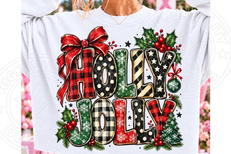 Holly Jolly Christmas PNG Design, Buffalo Plaid Retro Typogr example image 1