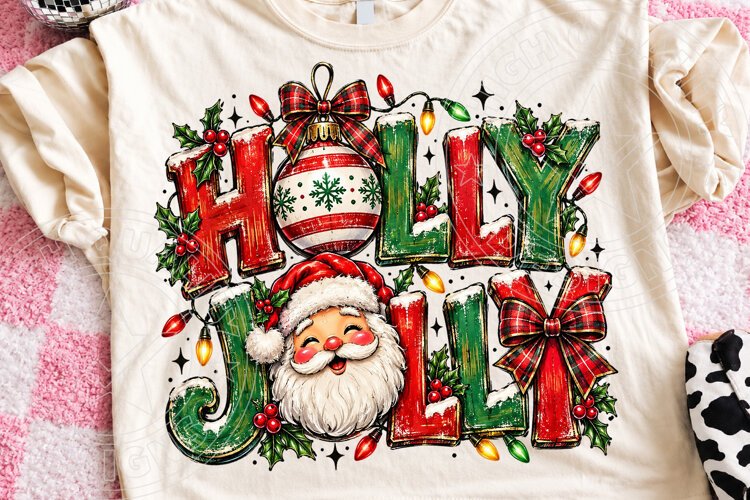 Holly Jolly Christmas Santa Vintage Christmas Lights & Bow P example image 1