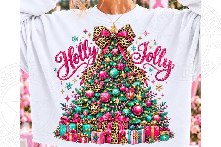 Holly Jolly Christmas Tree PNG, Leopard Print Bow Christmas example image 1