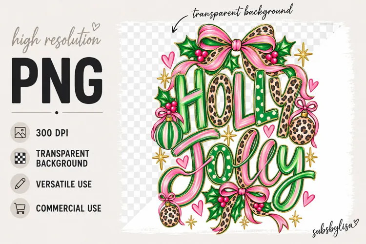 Holly Jolly png, Leopard Print and Pink Christmas png