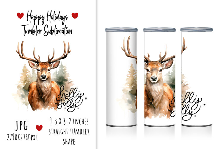 lettering, quotes, Christmas, holly jolly, happy holidays, merry and bright, deer, winter, quotes, sublimation, tumbler design, tumbler sublimation, watercolor, illustration, animal, artistic