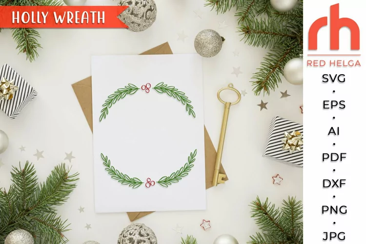 Xmas Wreath SVG, Christmas Frame Cut File, Holly Berry DXF