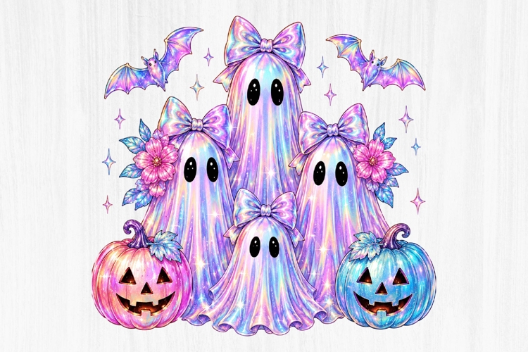Holographic Ghost Family Halloween PNG