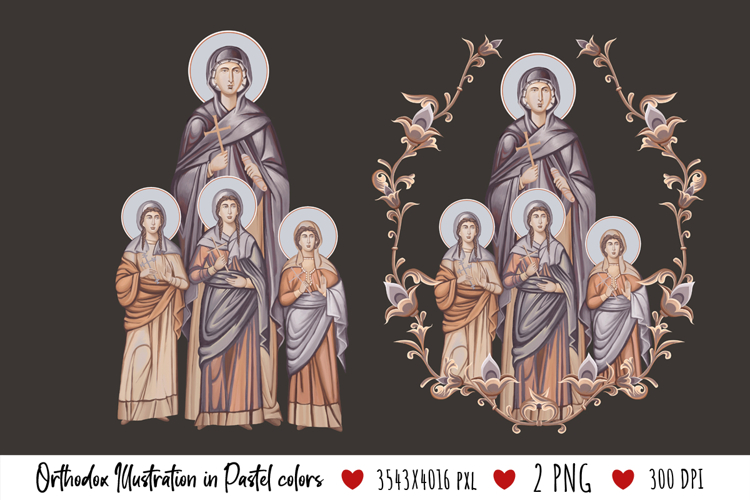 Holy Martyrs and Saint Sophia Illustration in Byzantine Style