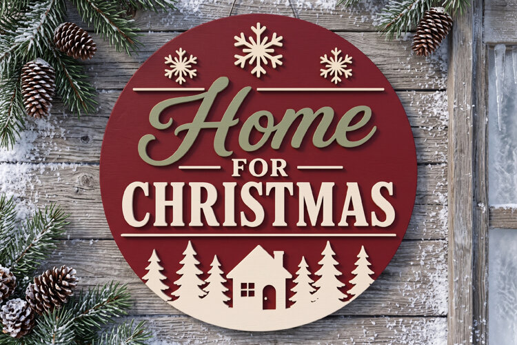 Home For Christmas Door Hanger SVG, Round Wooden Laser Cut example image 1