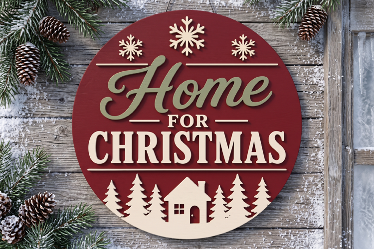 Home For Christmas Door Hanger SVG, Round Wooden Laser Cut
