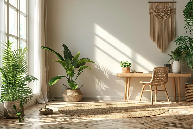 Scandinavian Interior Home Office with Plants Vases & Table
