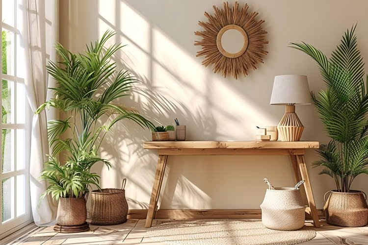 Scandinavian Interior Home Office with Plants   Vases