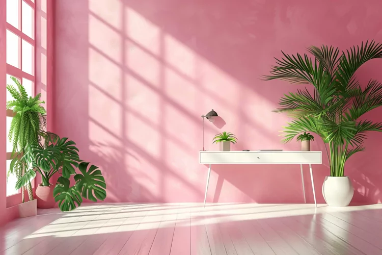 Minimalist Design with Desk & Plant Vase on Pink wall
