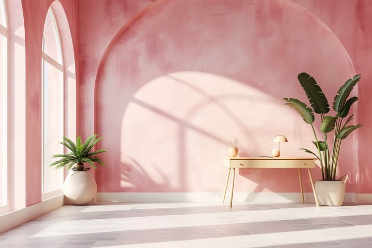 Minimalist Design with Desk & Plant Vase on Pink wall example image 1