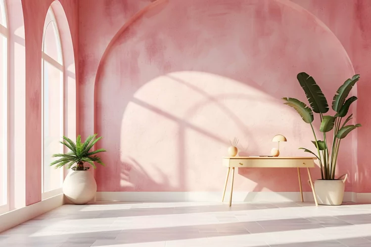 Minimalist Design with Desk & Plant Vase on Pink wall