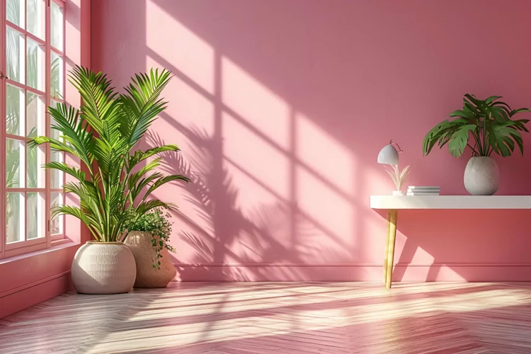 Minimalist Design with Desk & Plant Vase on Pink wall