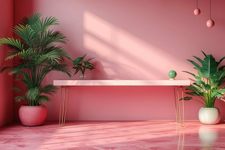 Minimalist Design with Desk & Plant Vase on Pink wall