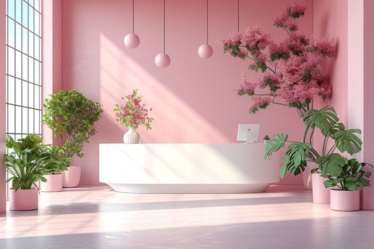 Minimalist Design with Desk & Plant Vase on Pink wall example image 1