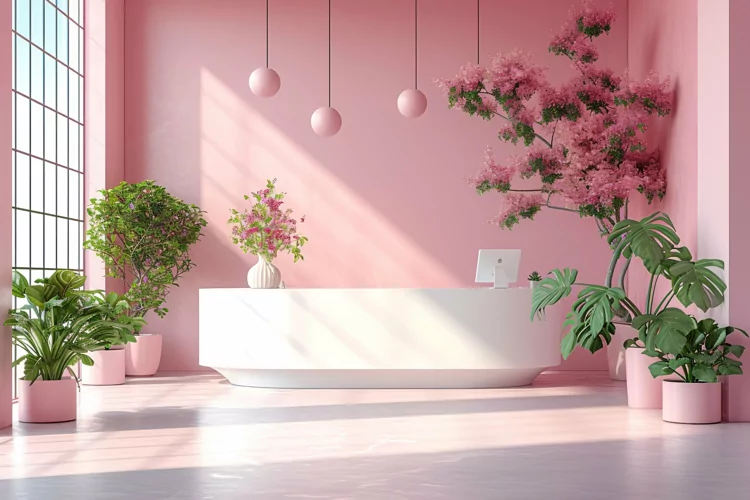 Minimalist Design with Desk & Plant Vase on Pink wall