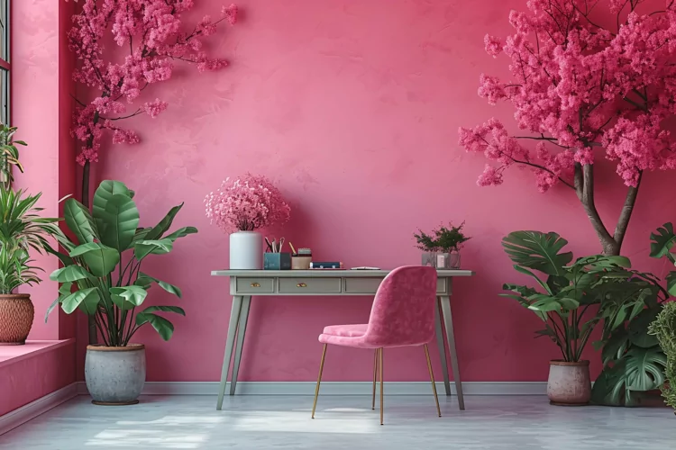 Minimalist Design with Desk & Plant Vase on Pink wall