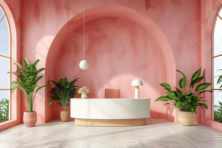 Minimalist Design with Desk & Plant Vase on Pink wall