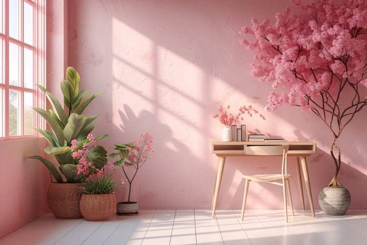 Minimalist Design with Desk & Plant Vase on Pink wall example image 1