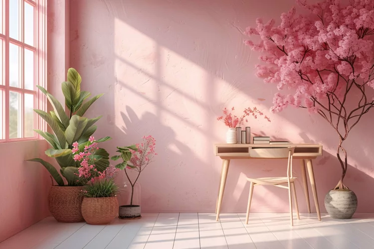 Minimalist Design with Desk & Plant Vase on Pink wall