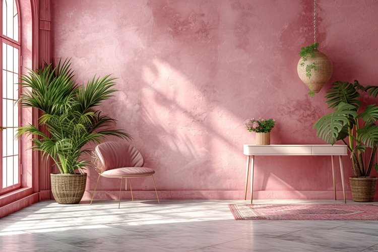Minimalist Design with Desk & Plant Vase on Pink wall example image 1
