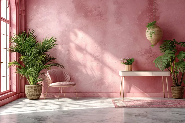 Minimalist Design with Desk & Plant Vase on Pink wall