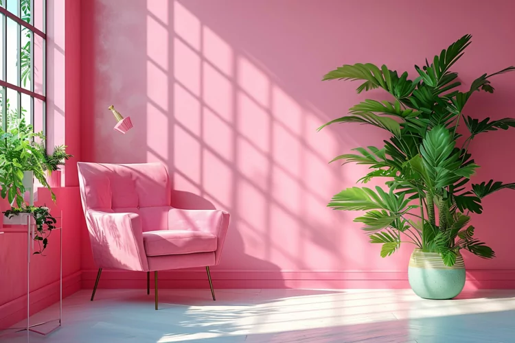Minimalist Design with Desk & Plant Vase on Pink wall