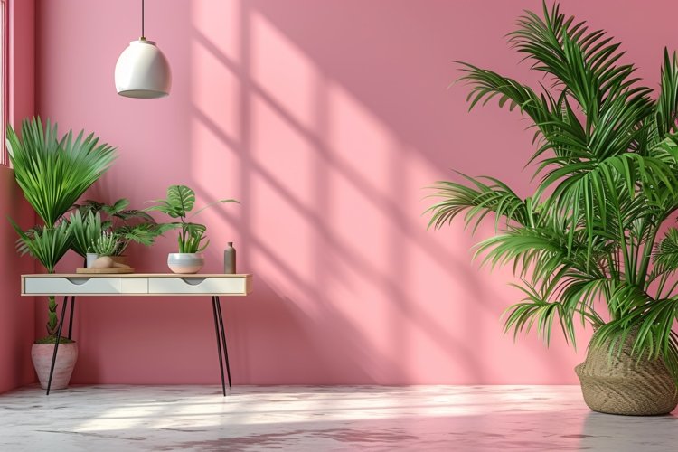 Minimalist Design with Desk & Plant Vase on Pink wall example image 1