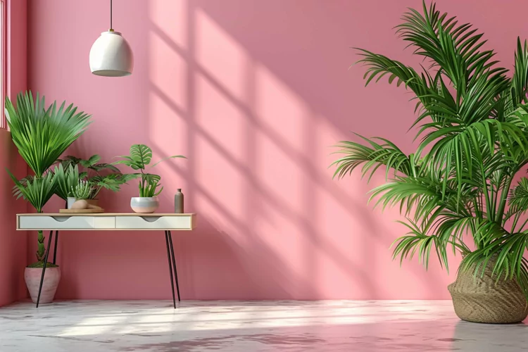 Minimalist Design with Desk & Plant Vase on Pink wall
