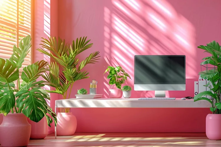 Minimalist Design with Desk & Plant Vase on Pink wall