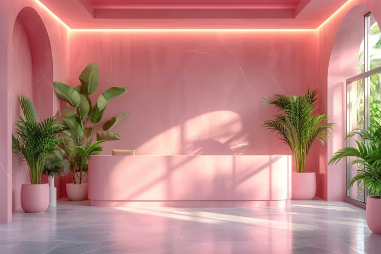 Minimalist Design with Desk & Plant Vase on Pink wall
