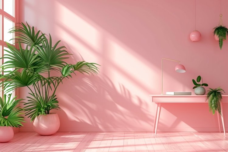 Minimalist Design with Desk & Plant Vase on Pink wall