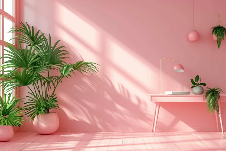 Minimalist Design with Desk & Plant Vase on Pink wall