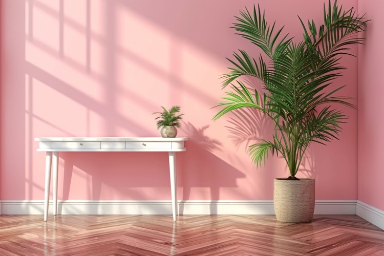 Minimalist Design with Desk & Plant Vase on Pink wall