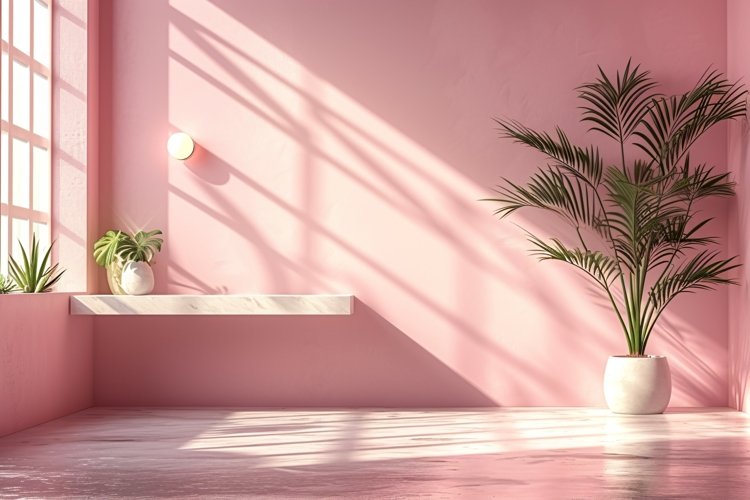 Minimalist Design with Desk & Plant Vase on Pink wall