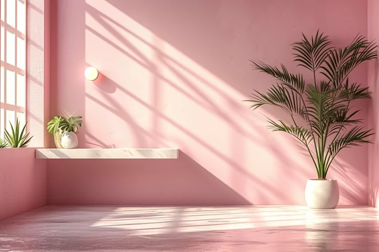 Minimalist Design with Desk & Plant Vase on Pink wall