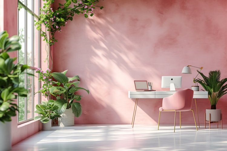 Minimalist Design with Desk on Pink wall example image 1
