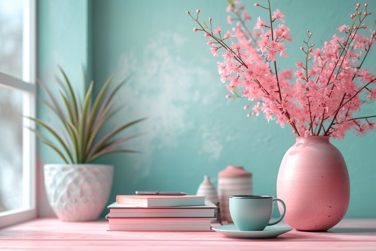 Plant vases with books & Tea Cup On the table example image 1