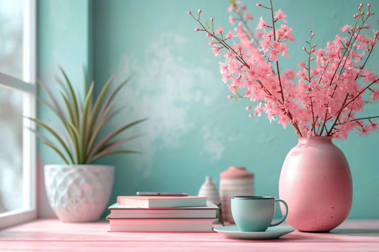 Plant vases with books & Tea Cup On the table
