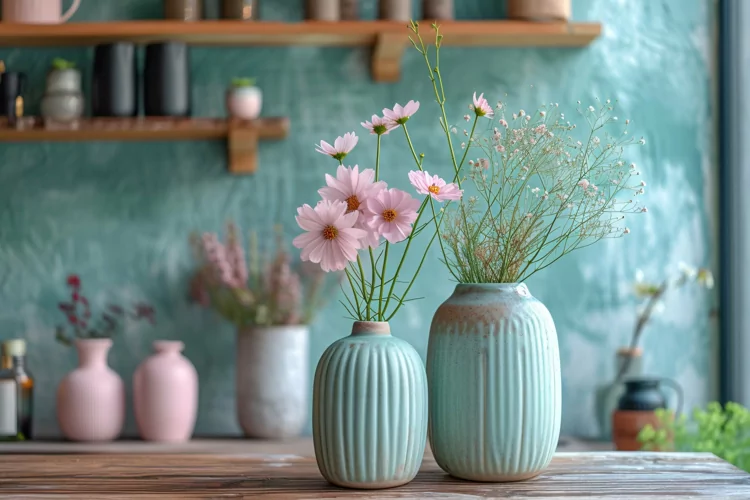 Plant vases with on the wooden table