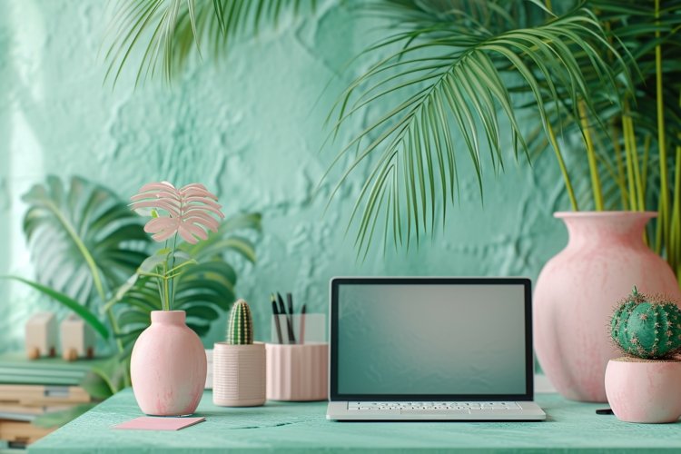laptop with vases on the green table